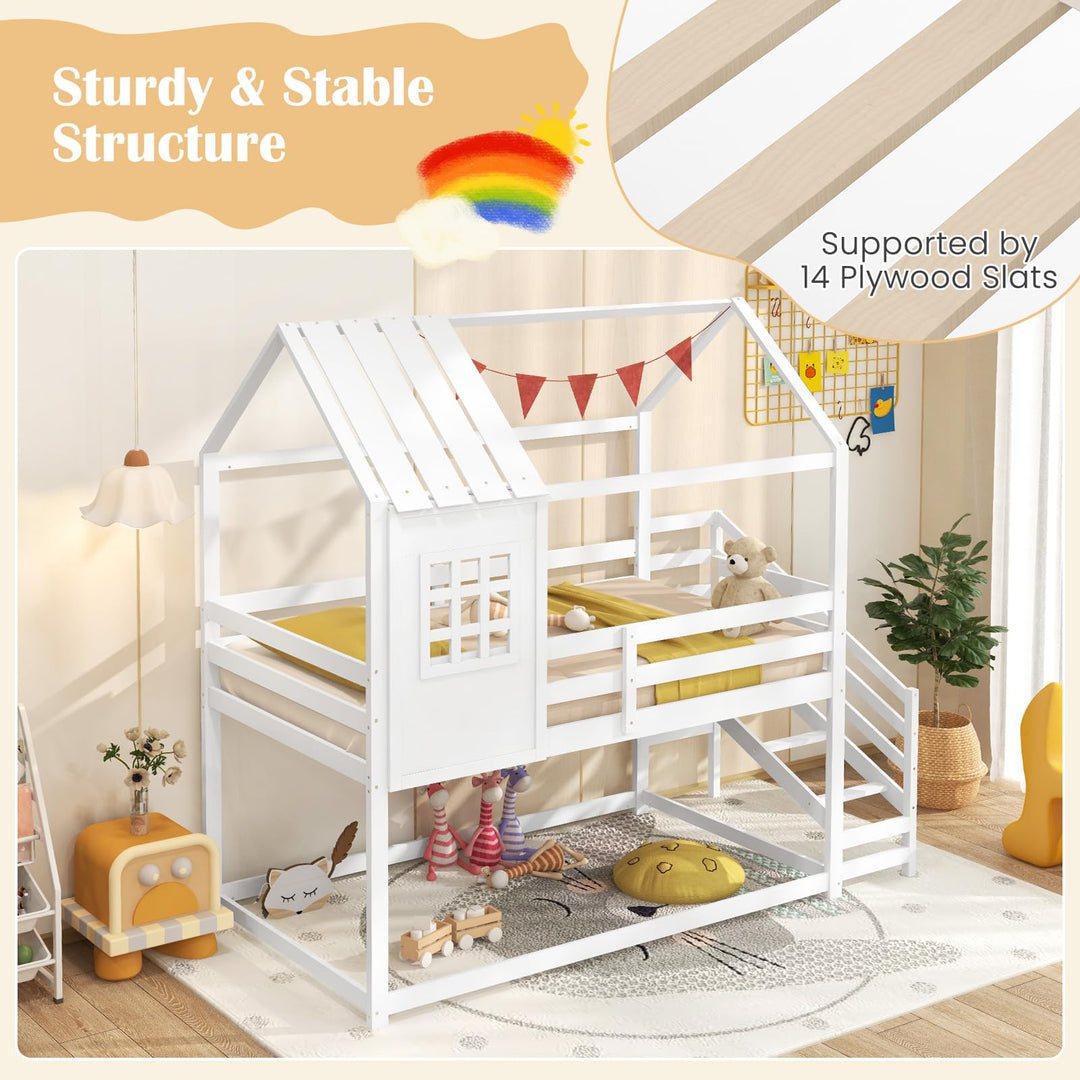 Giantex Twin Bunk Beds with Stairs, Floor House Bed with Roof &amp; Window