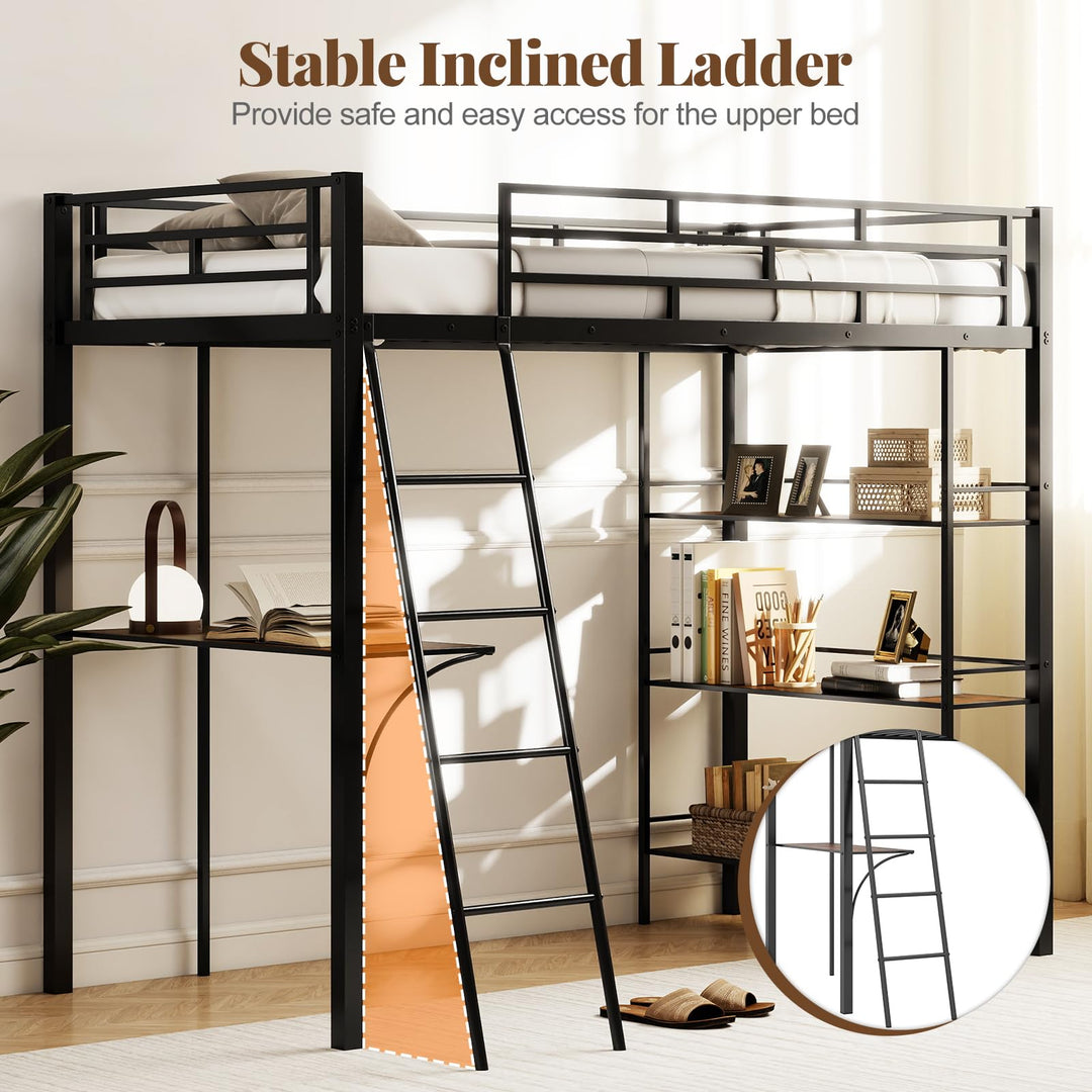 Giantex Twin Size Loft Bed with Desk &amp; Shelves for Kids