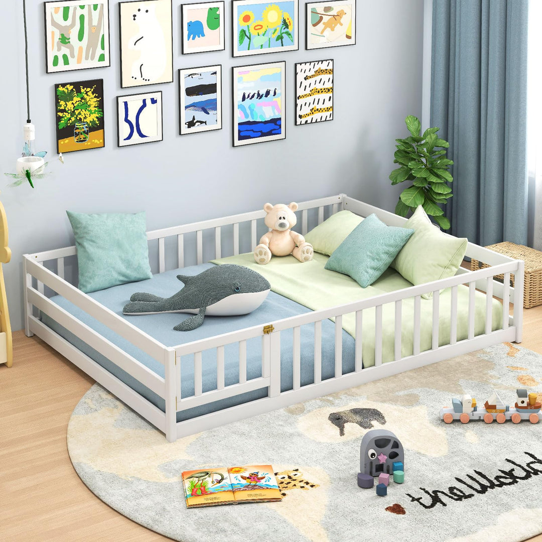Giantex Floor Bed with Door &amp; Fence Kids Wood Montessori Beds with Safety Guardrails