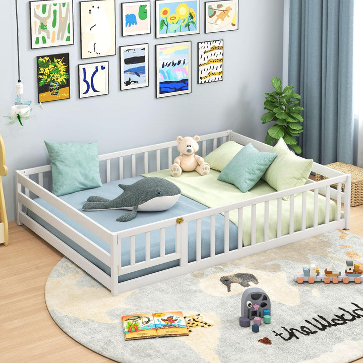 Giantex Floor Bed with Door &amp; Fence Kids Wood Montessori Beds with Safety Guardrails