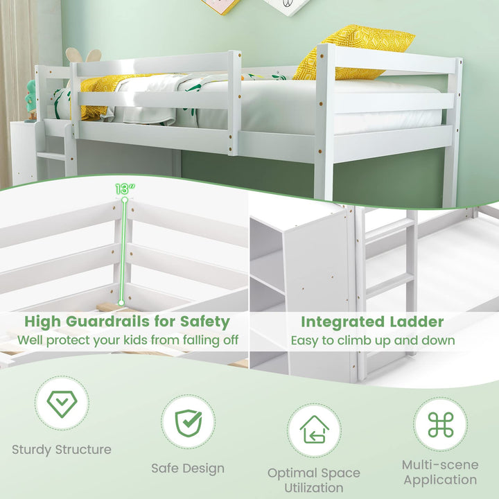 Giantex Twin Over Twin Bunk Bed with Storage Shelves, Solid Wood Bunk Bed Frame with Convertible Bookcase &amp; Ladder, White