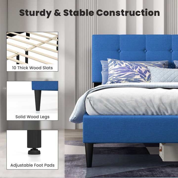 Giantex Queen/Twin Size Platform Bed Frame with Button Tufted Headboard and Wooden Slats
