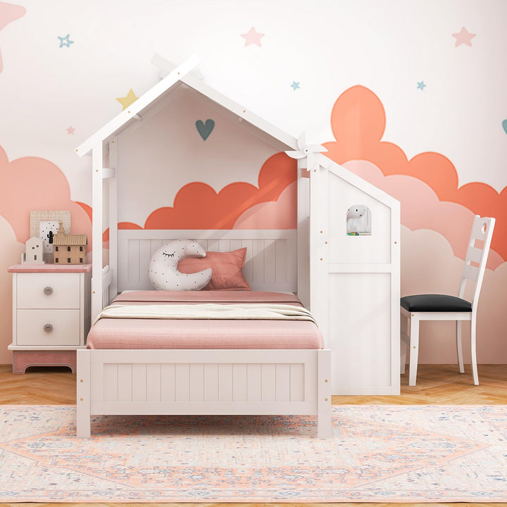 Giantex Twin House Bed with Desk &amp; Chair, Wood Kids Playhouse Bed with 2 Drawers