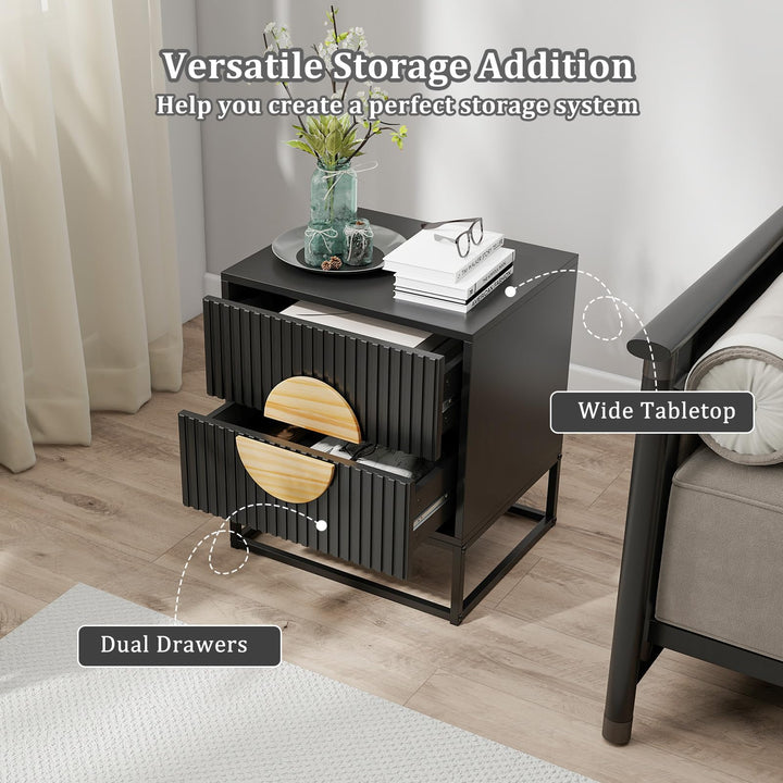 Giantex Fluted Nightstand with 2 Drawers with Natural Circle Handle &amp; Metal Frame