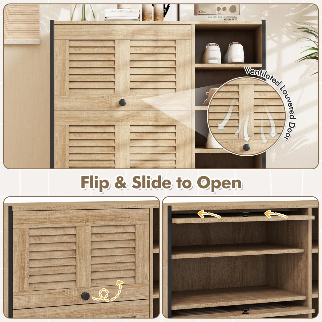 Giantex Shoe Cabinet with Flip &amp; Slide Doors, Shoe Storage Cabinet with Adjustable Cube Shelves(Louvered Doors)