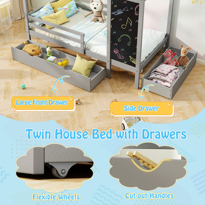 Giantex Twin Bed with 2 Storage Drawers, Solid Wood House Bed with Blackboard &amp; Safety Guardrails