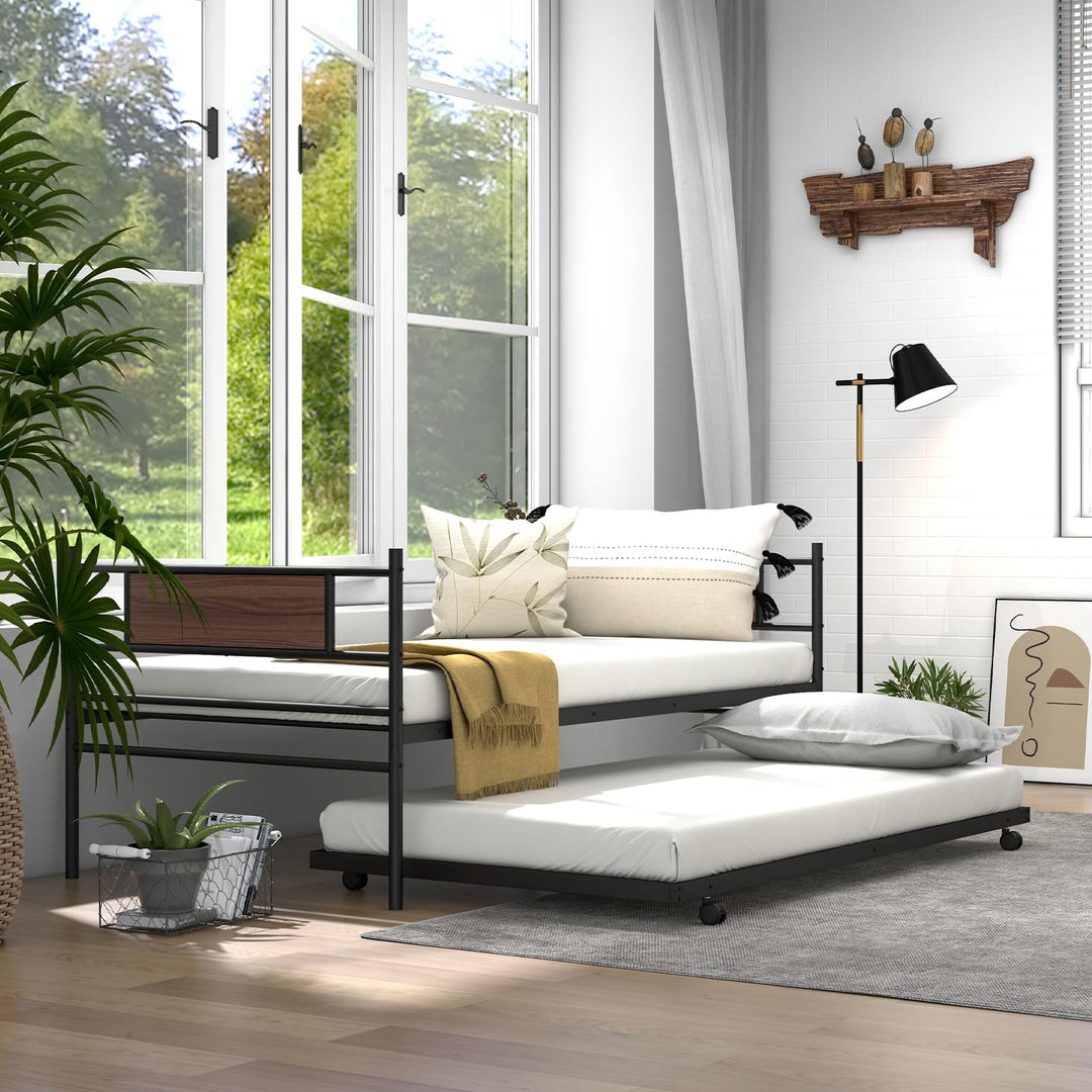 Giantex Metal Daybed with Trundle, Twin Size Day Bed with Wood Grain Headboard &amp; Metal Slat Support