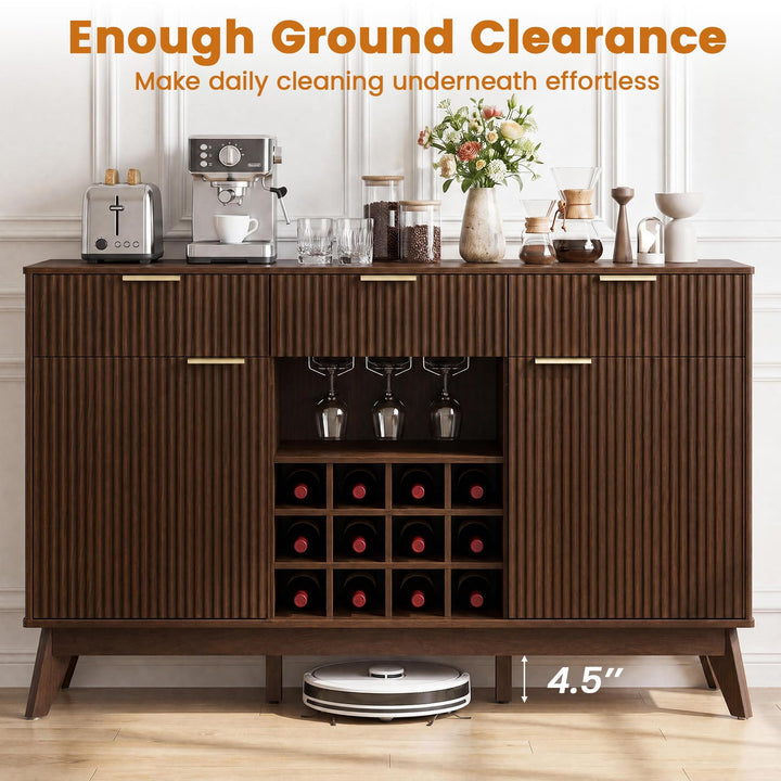 GIANTEX 60" Fluted Wine Bar Cabinet with 3 Stoarge Drawers &amp; Wine Rack Adjustable Shelves