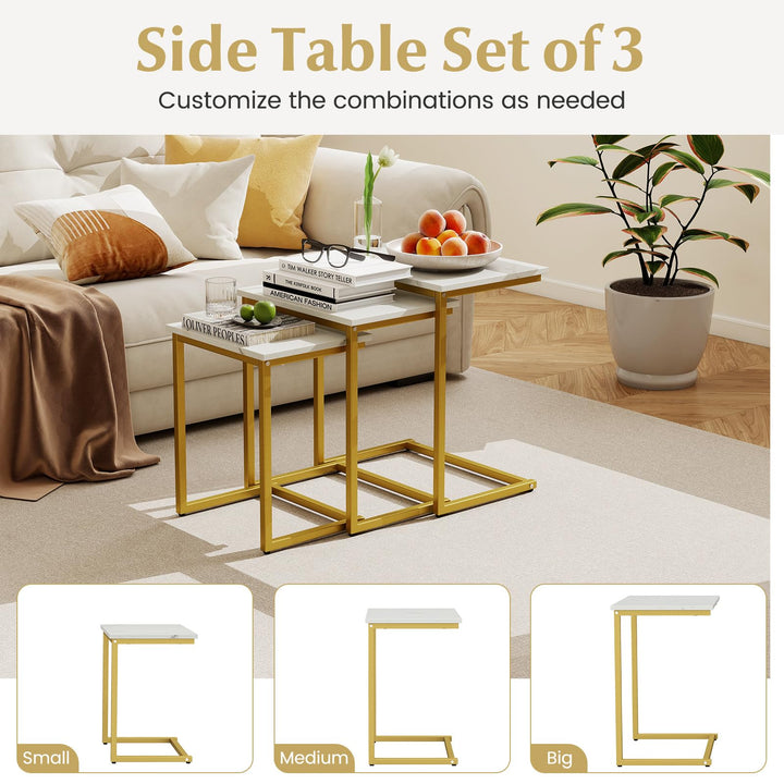 Giantex Nesting Coffee Table Set of 3 Stackable Square End Table w/Faux Marble Tabletop &amp; Heavy-Duty Metal Frame