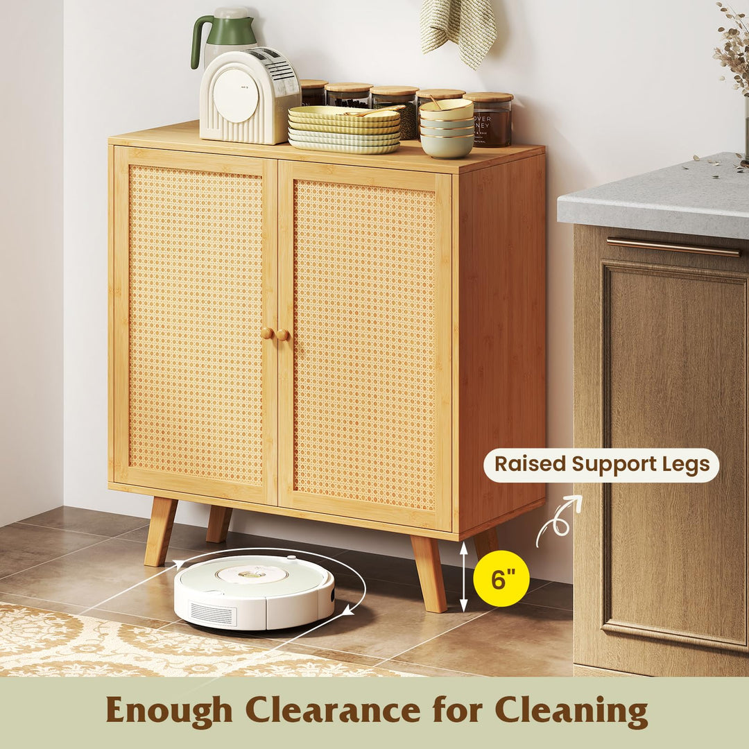 Giantex 2 Tier Bamboo Sideboard with PE Rattan Decorated Doors
