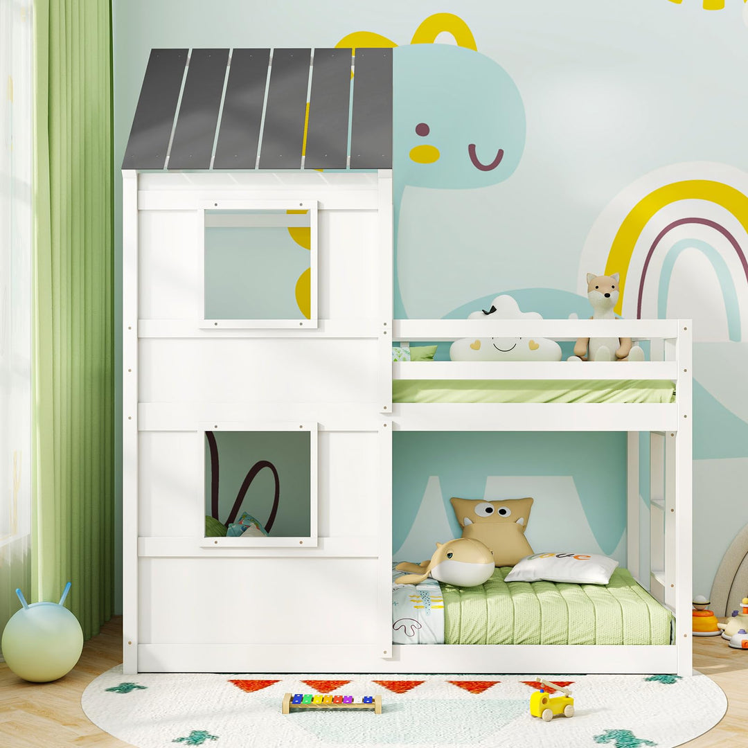 Giantex House Bunk Bed Twin Over Twin, Solid Wood Floor Bunk Bed with Built in Ladder, Window &amp; Safety Guardrail