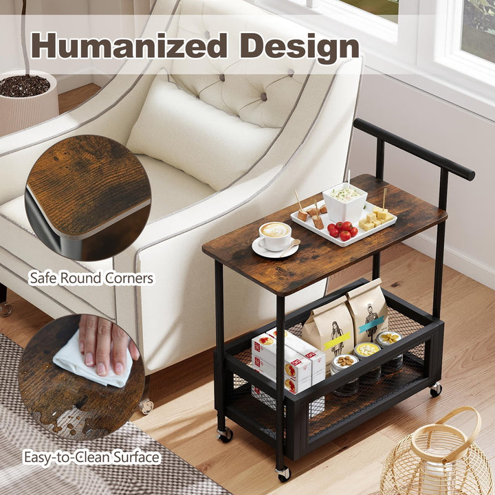 Giantex Rolling End Table with Handle 2-Tier Sofa Side Table with Open Shelf &amp; Mesh Basket