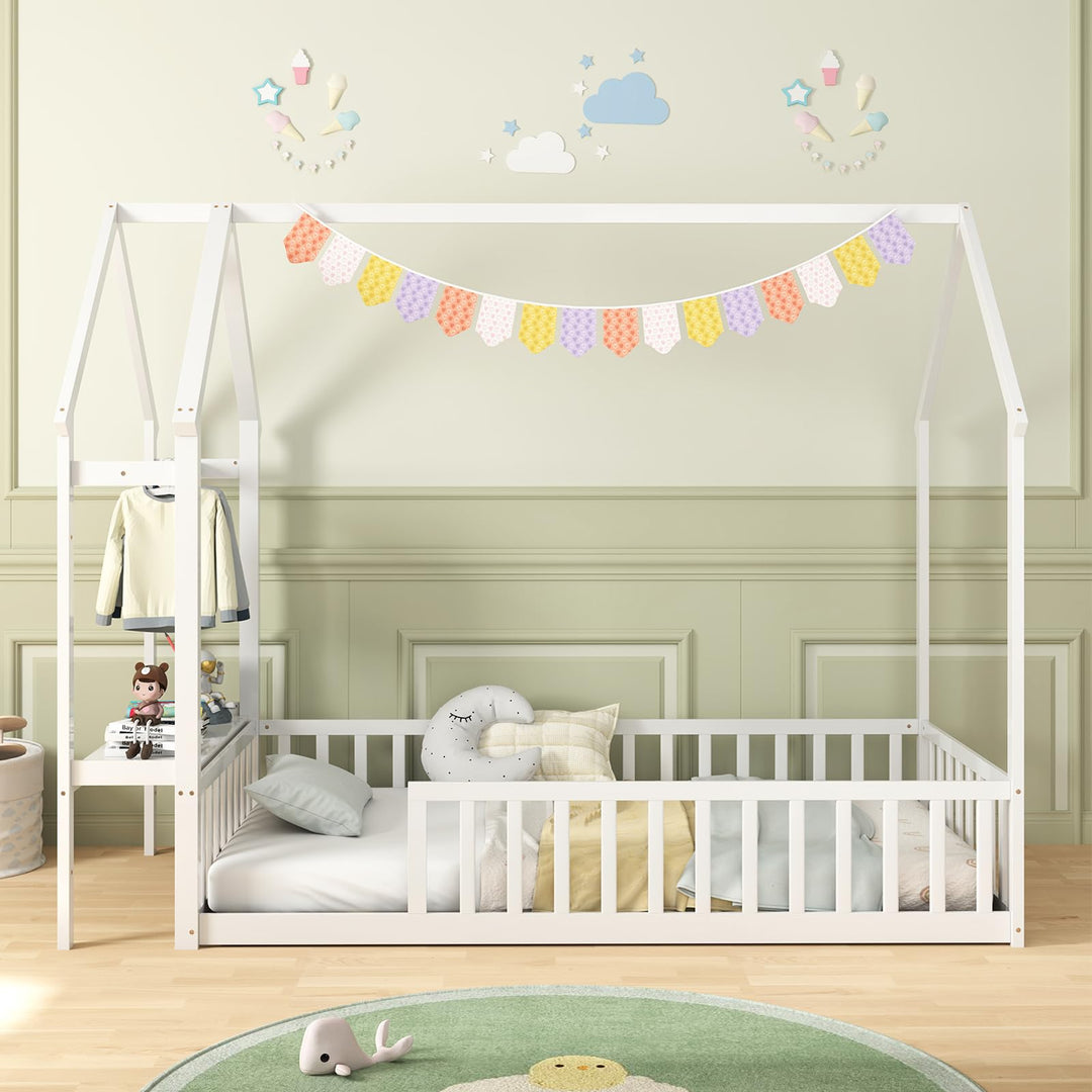 Giantex Twin House Floor Bed, Solid Wood Montessori Floor Bed with Detachable Storage Shelf &amp; Clothes Hanger