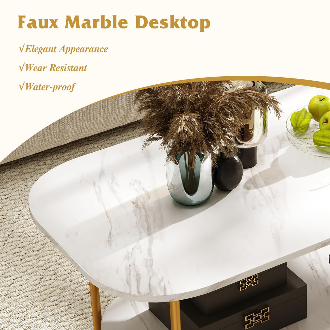 Giantex 2 Tier Coffee Table with Storage Modern Faux Marble Center Table