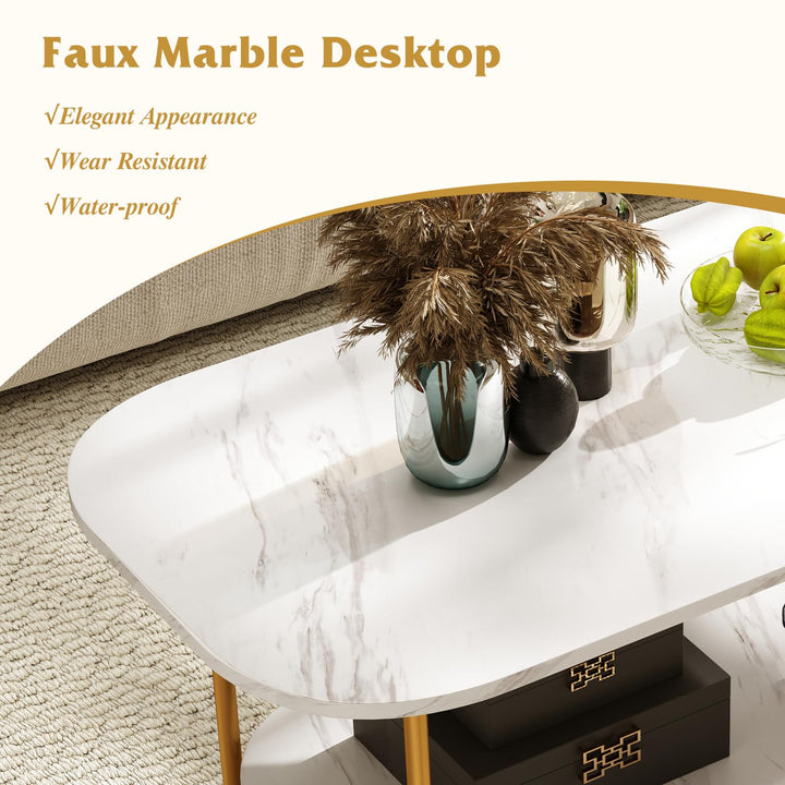 Giantex 2 Tier Coffee Table with Storage Modern Faux Marble Center Table