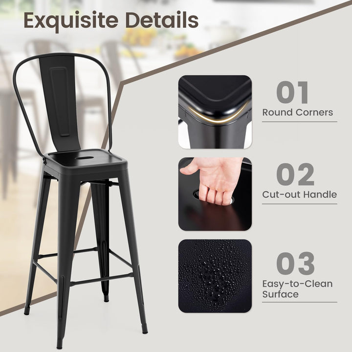 Giantex Metal Bar Stools Set of 4, 30" High Back Bar Height Chairs w/Footrest &amp; Removable Backrest