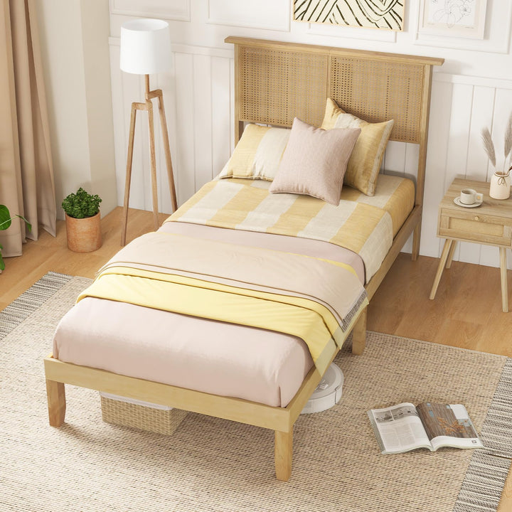 Giantex Queen/Full/Twin Size Bed Frames with Rattan Headboard, Boho Solid Wood Platform Bed with Wooden Slats