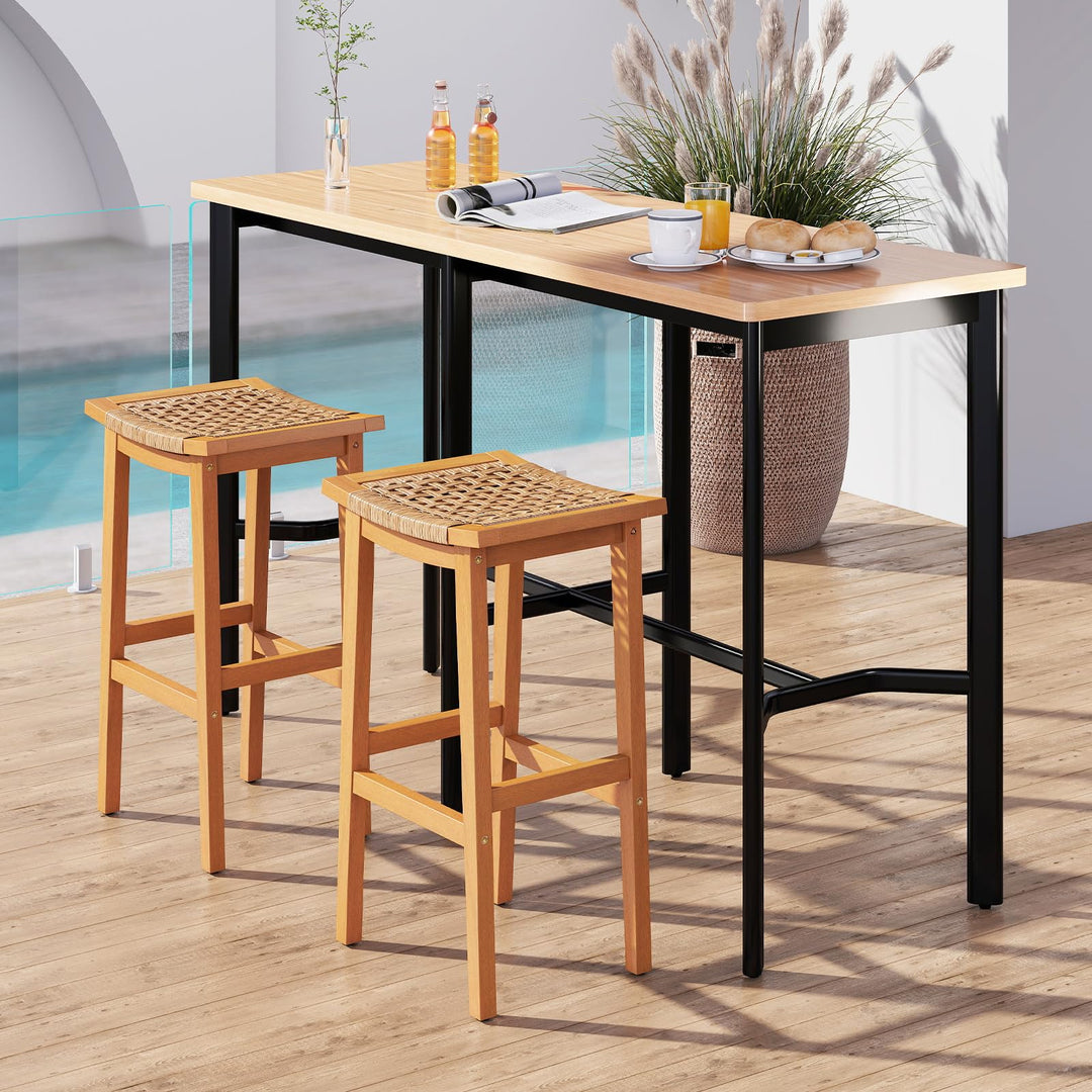 Giantex Outdoor Wooden 29" Bar Stools Set of 2/4 Backless Patio Barstools with PE Rattan Saddle Seat &amp; Footrest