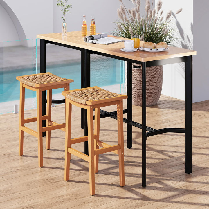 Giantex Outdoor Wooden 29" Bar Stools Set of 2/4 Backless Patio Barstools with PE Rattan Saddle Seat &amp; Footrest
