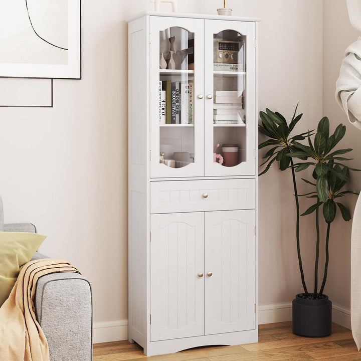 Giantex 63" Tall Bathroom Cabinet, Pantry Cabinet with Tempered Glass Doors, Adjustable Shelves &amp; Large Drawer