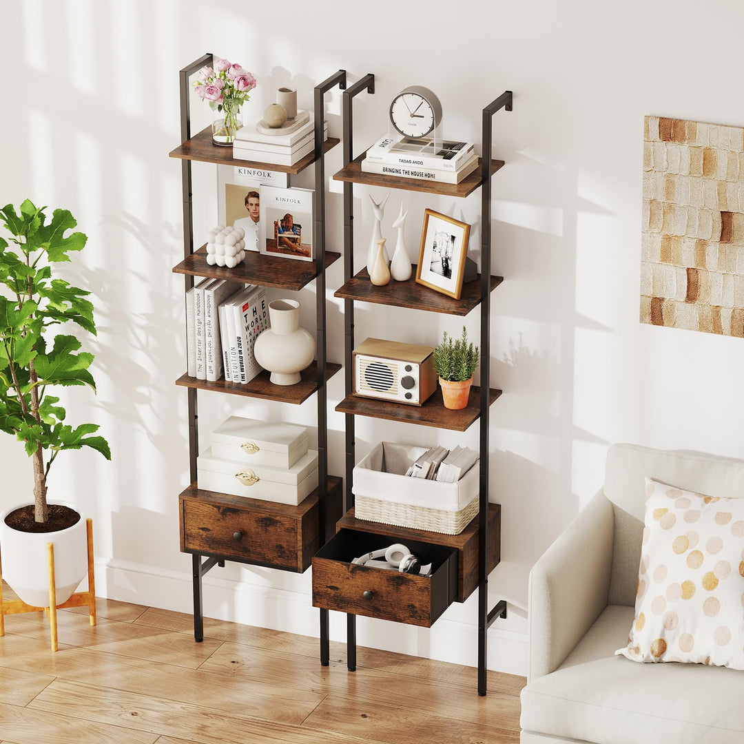 Giantex 5-Tier Ladder Bookcase with Drawer 70" Tall Wall-Mounted Bookshelf with Metal Frame