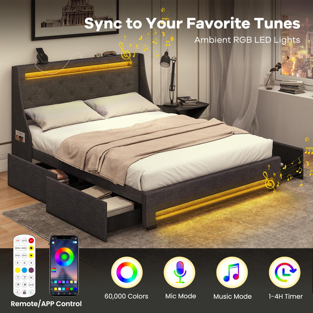 Giantex Full Size Bed Frame with LED Lights &amp; Charging Station, Upholstered Platform Bed with Wingback Headboard