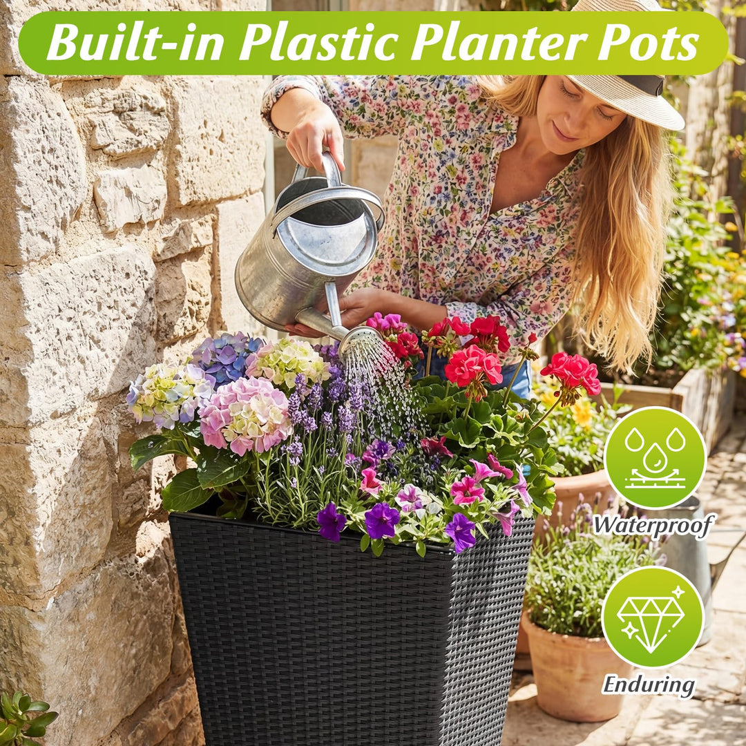 Giantex 3-Piece Wicker Planters Tapered PP Rattan Plant Boxes with Plastic Flower Pots