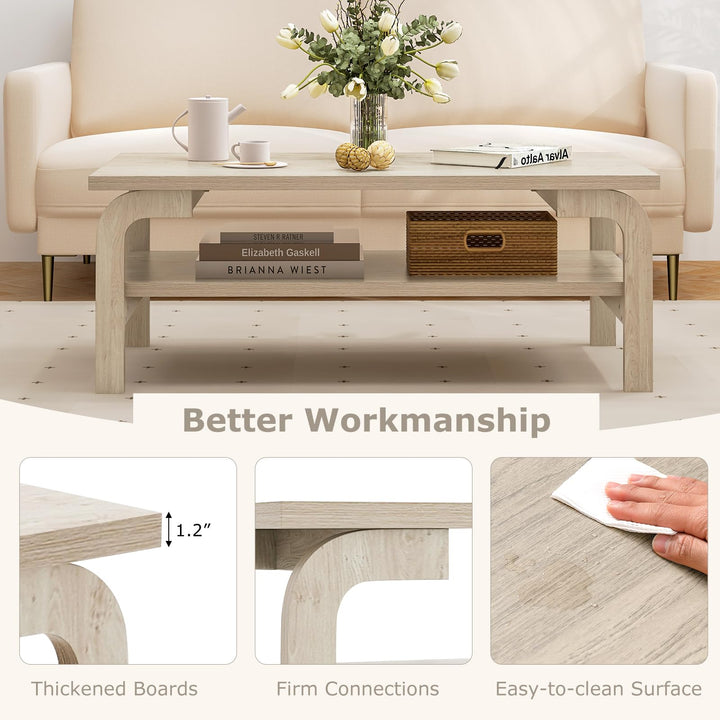 Giantex 2-Tier Coffee Table with Storage, 47” Mid Century Rectangle Accent Table with Open Shelf