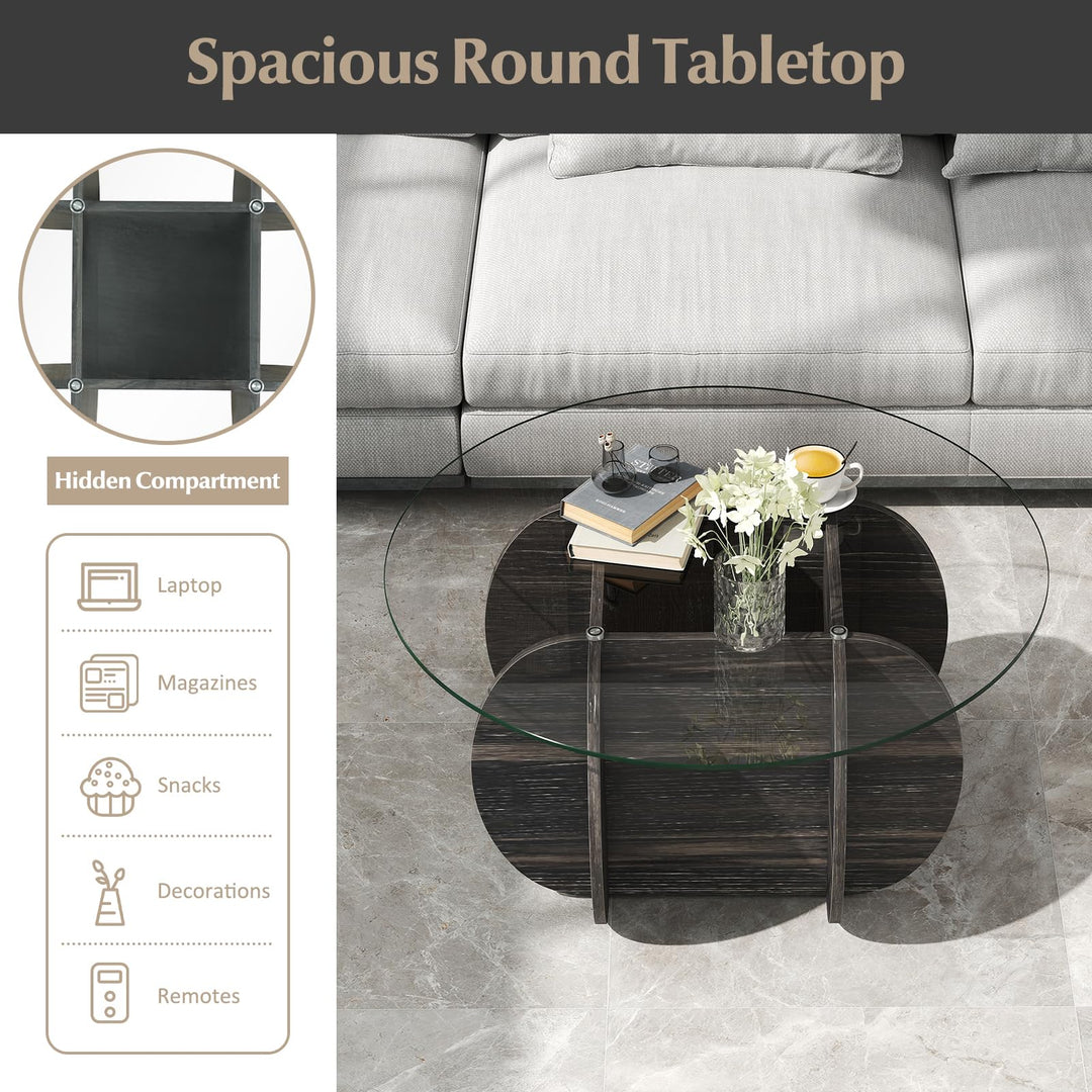 Giantex 35" Glass Round Coffee Table with Storage Tempered Glass Top &amp; Solid Wood Base