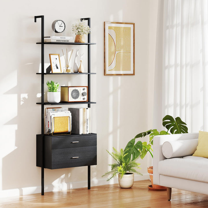 Giantex 6-Tier Ladder Bookcase with 2 Drawers 72.5" Tall Wall-Mounted Bookshelf with Metal Frame