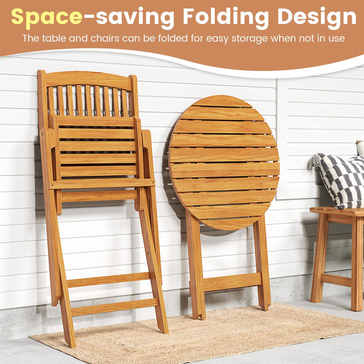 Giantex Patio Bistro Set 3 Pieces, Outdoor Acacia Wood Folding Table &amp; Chairs Set with 2 Padded Cushions