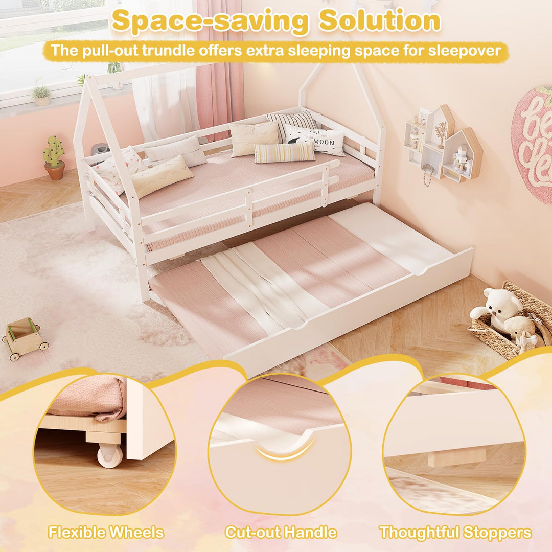 Giantex Twin House Bed with Trundle, Wood Kids Bed Frame with Roof &amp; Fence Rails