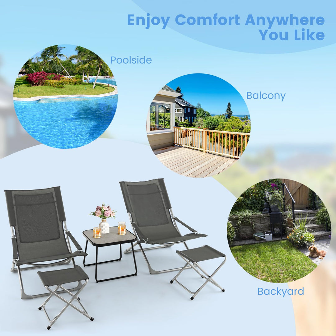 Giantex 5-Piece Patio Bistro Set, Folding Lounge Chairs with Footrest Stool &amp; Side Table, Removable Cushion