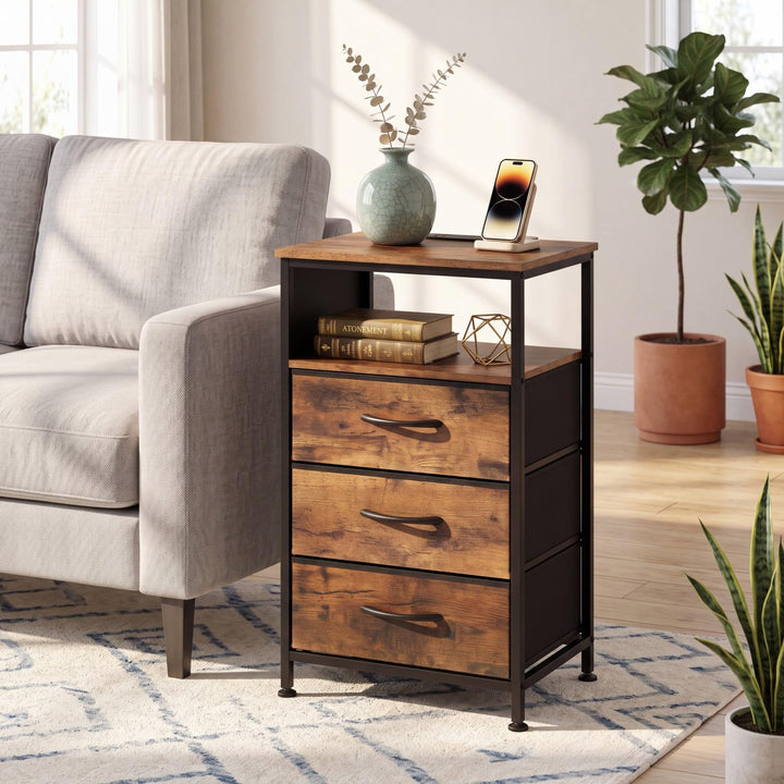 GIANTEX 27.5" Nightstand with Charging Station &amp; 3 Fabric Drawer (1/2)