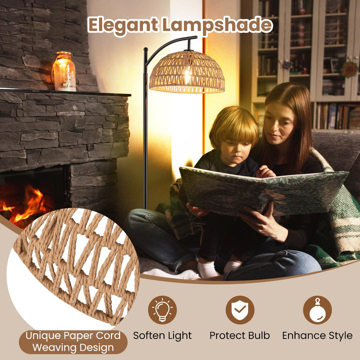 Giantex Boho Floor Lamp with Handwoven Paper Rope Shade Arc Standing Lamp with E26 Socket &amp; Foot Switch