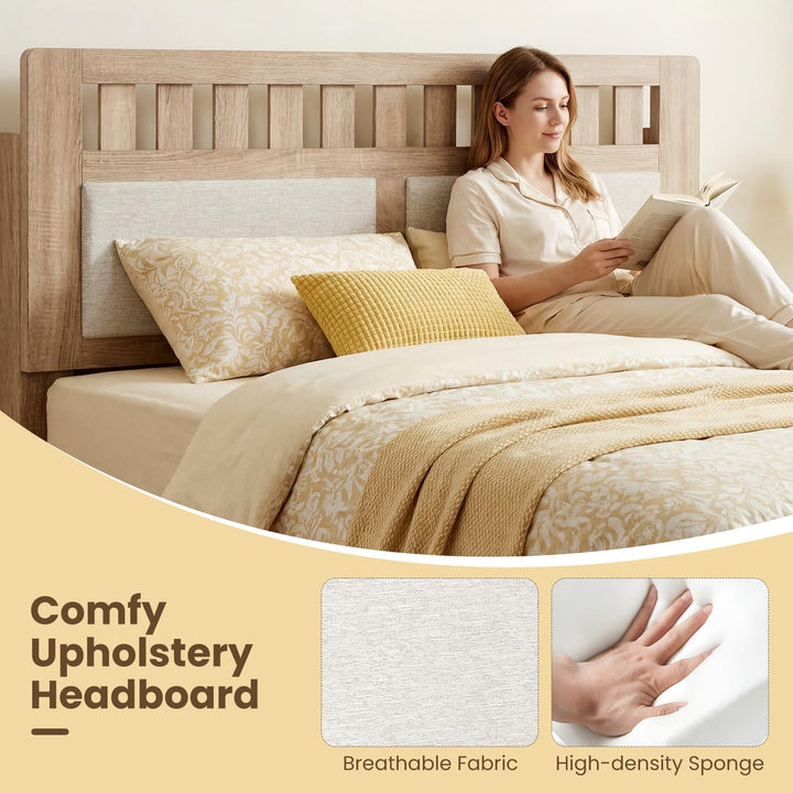 Giantex Mid-Century Wood Bed Frame with Upholstered Headboard (Full/Twin/Queen)