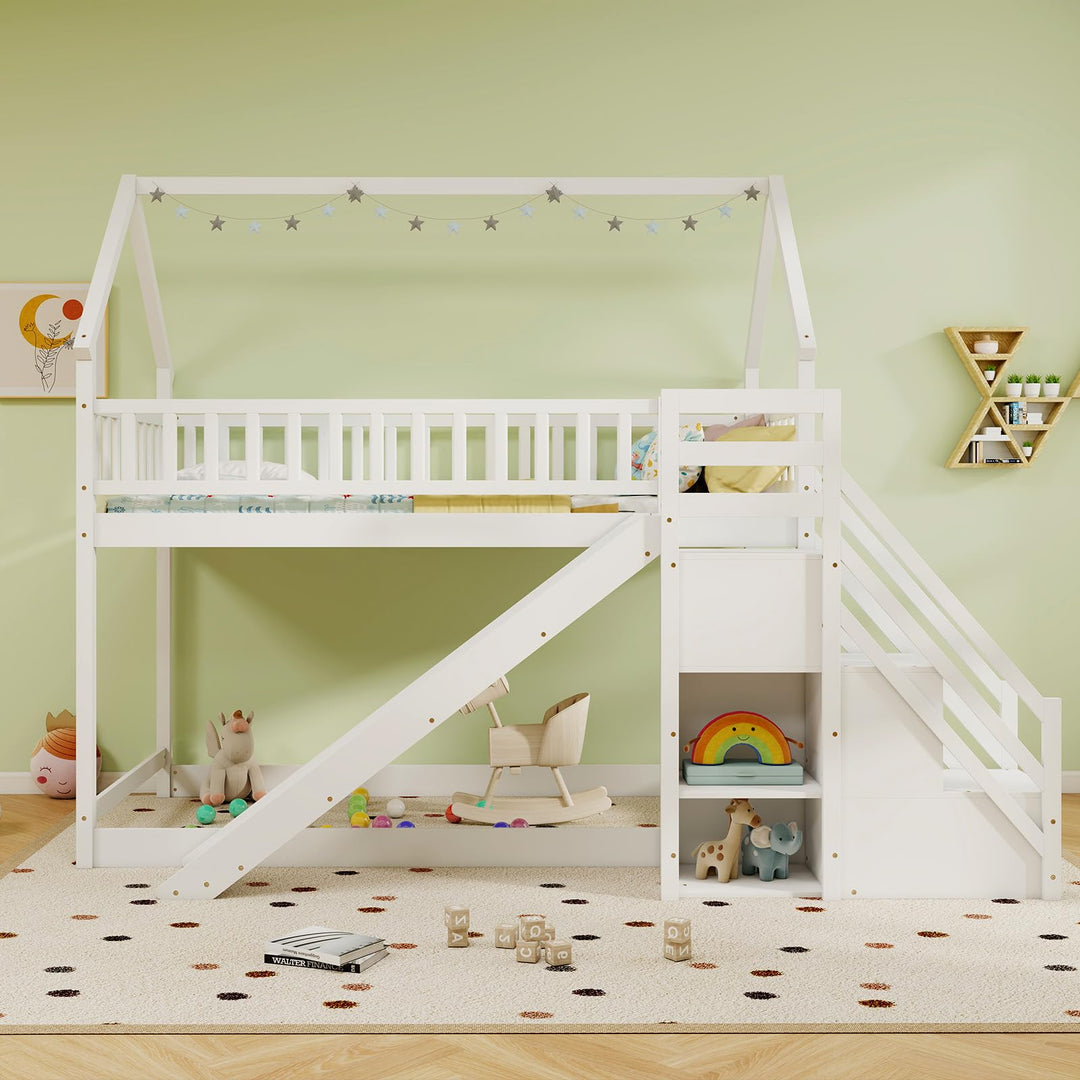 Giantex House Bunk Bed Twin Over Twin with Slide and Stairs