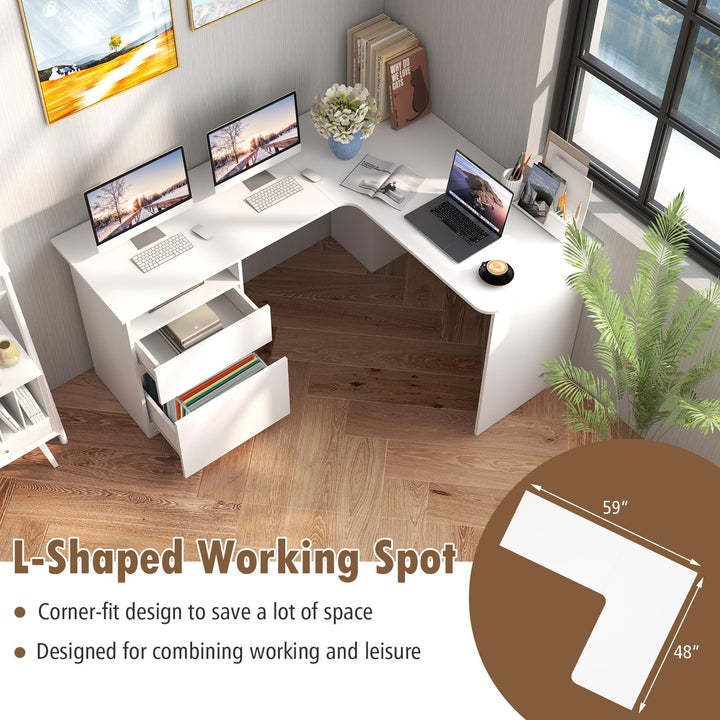 Giantex L Shaped Computer Desk with Drawers, 59" Corner Desk Workstation with Storage Shelf &amp; Cable Holes