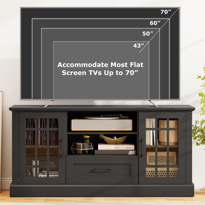 Giantex Farmhouse TV Stand for 65/70 Inch TV with Storage Cabinets &amp; Glass Door