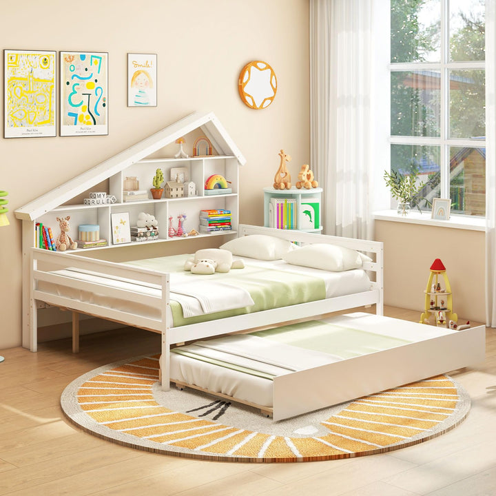 Giantex Full House Bed with Twin Trundle, Wood Daybed with 5 Cube Storage Bookcase &amp; Headboard