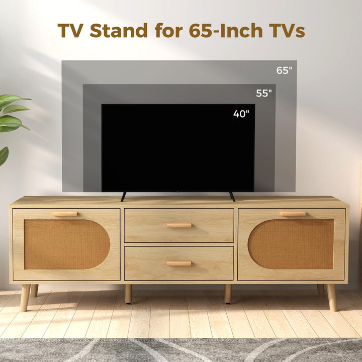 Giantex Rattan TV Stand for TVs up to 65 Inch, 59" TV Console Cabinet with Drawers &amp; Solid Wood Legs
