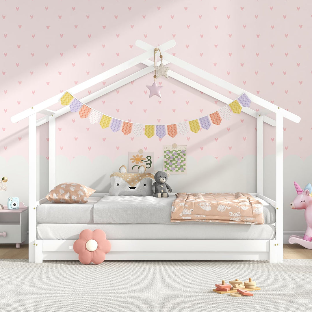 Giantex Extendable House Bed for Kids, Twin to King Daybed with Roof &amp; Fence Rails, Wood Kids Bed Frame for Teens