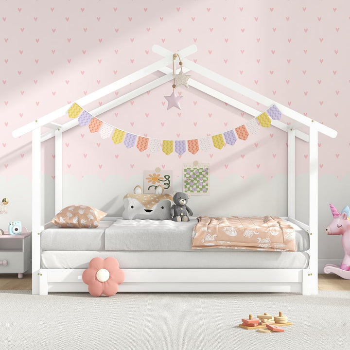 Giantex Extendable House Bed for Kids, Twin to King Daybed with Roof &amp; Fence Rails, Wood Kids Bed Frame for Teens