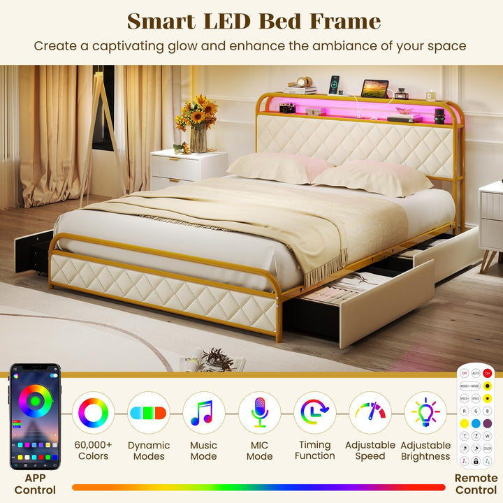 Giantex Queen/Full/Twin Size Bed Frame with 4 Storage Drawers and Charging Station