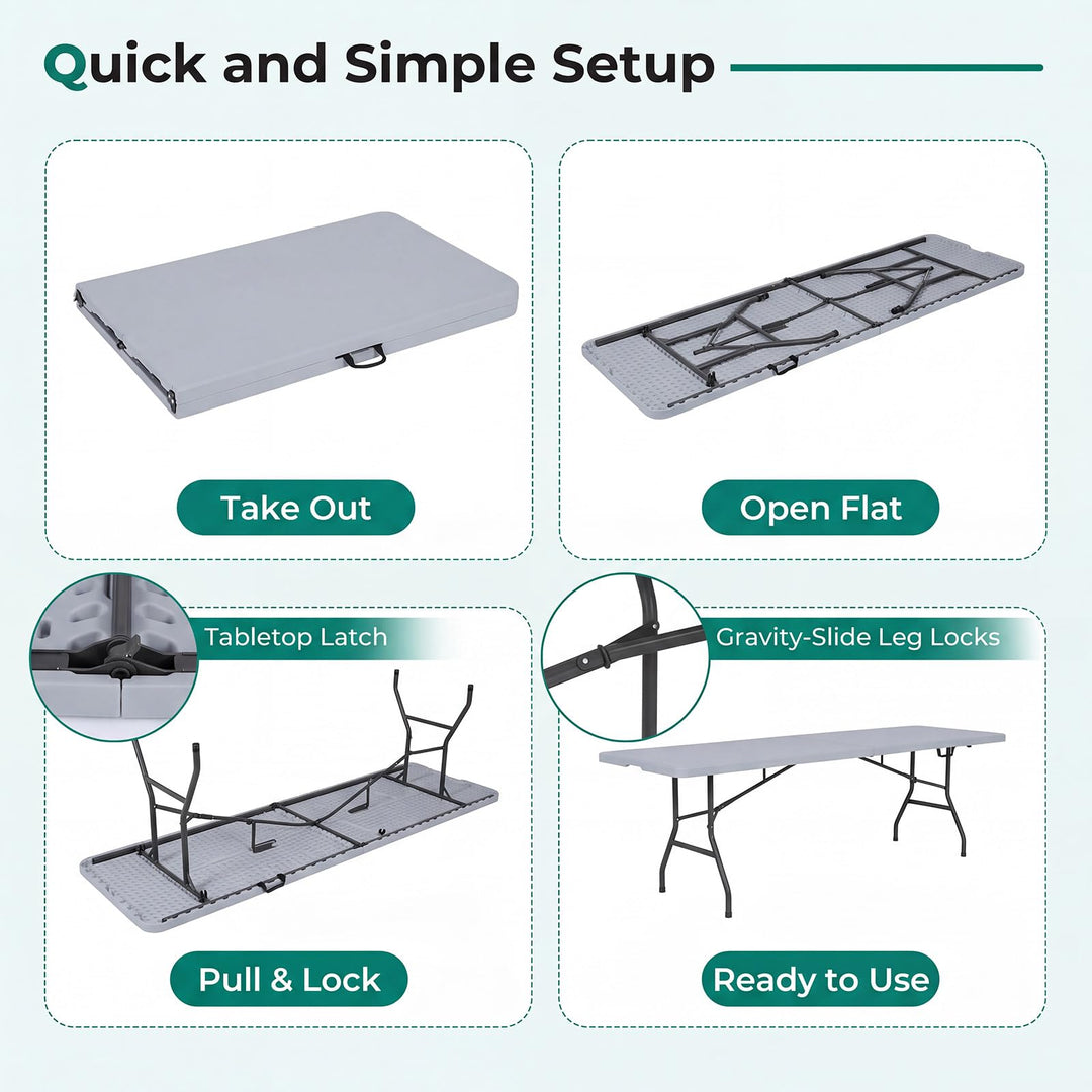 Giantex 8FT Folding Table | Heavy Duty Fold-in-Half Portable HDPE Plastic Table with Handle &amp; Locks