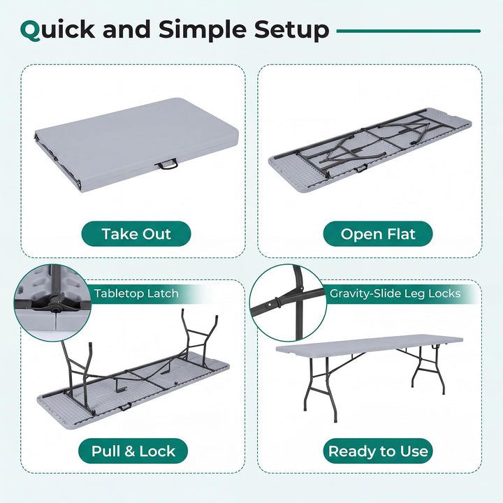 Giantex 8FT Folding Table | Heavy Duty Fold-in-Half Portable HDPE Plastic Table with Handle &amp; Locks