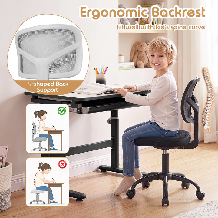 Giantex Armless Kids Desk Chair | Rolling Study Chair with Wheels &amp; Adjustable Height