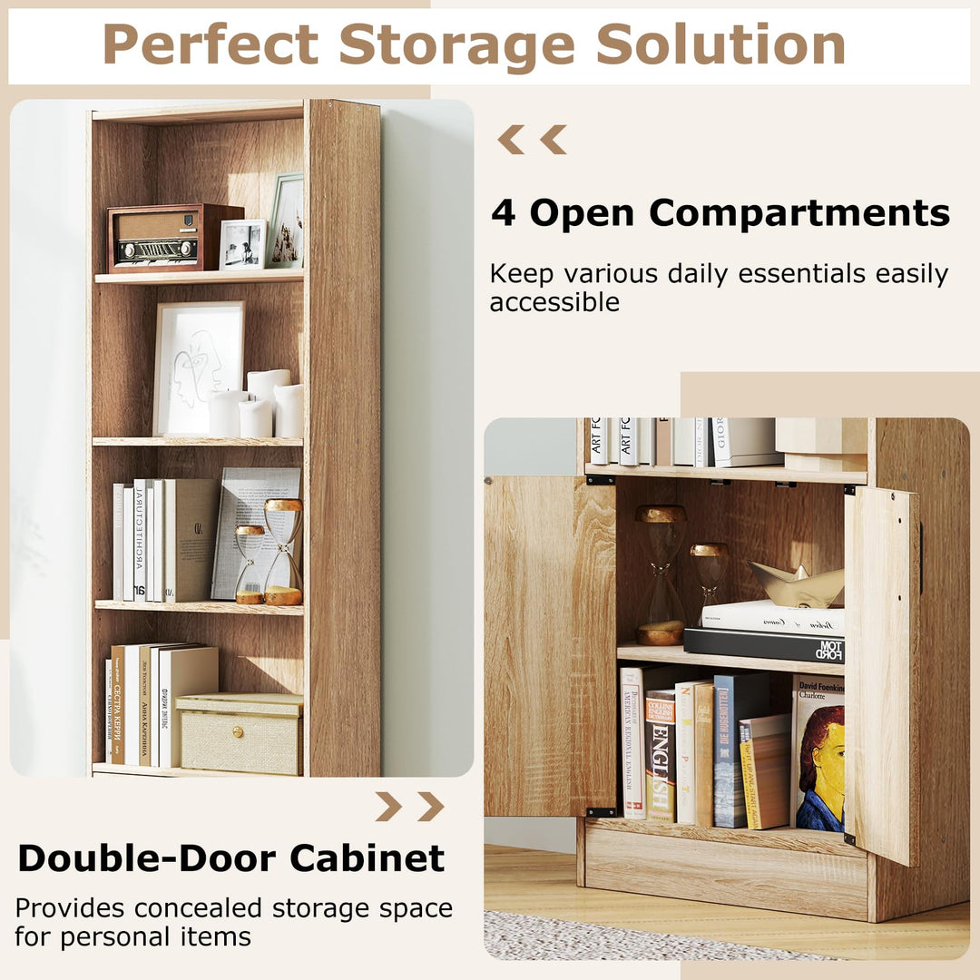 Giantex 6-Tier Bookshelf with Double Doors, 71" Tall Bookcase w/ 4 Open Cubes &amp; 3 Adjustable Shelves