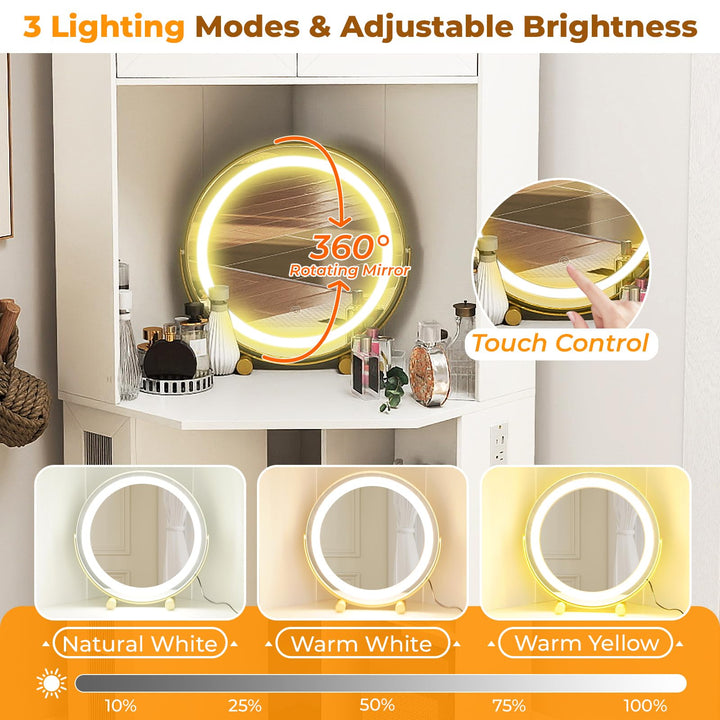 CHARMAID Corner Vanity Desk with LED Mirror &amp; Lighted Fluted Cabinet