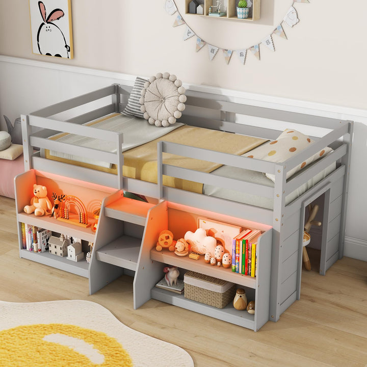 Giantex Low Loft Bed with LED Lights, Wooden Twin Loft Bed with Stairs &amp; Safety Guardrail